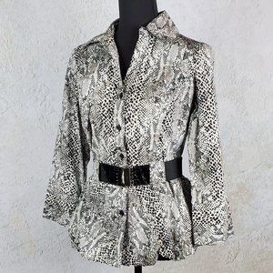 New Black and White Snake Print, Belted Waist, Button Up Blouse